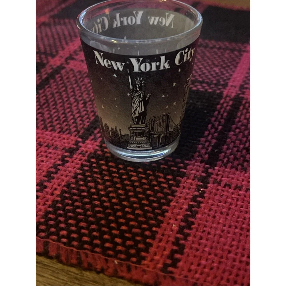 Vintage Souvenir Shot Glass New York City Highlights Twin Towers World Trade NYC